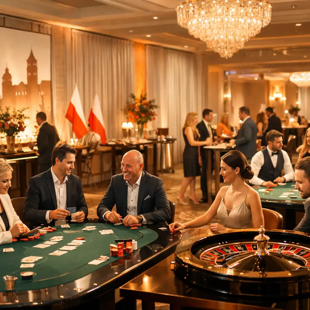 Elegancki event firmowy z rekreacyjnymi stołami do gier i zespołem w trakcie integracji