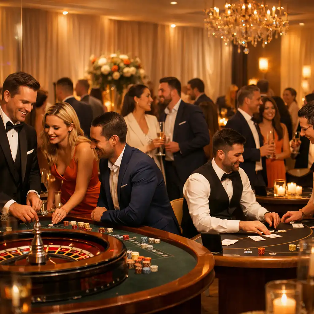 Elegancki stół do ruletki i blackjacka przygotowany na wyjazdowy event ISM